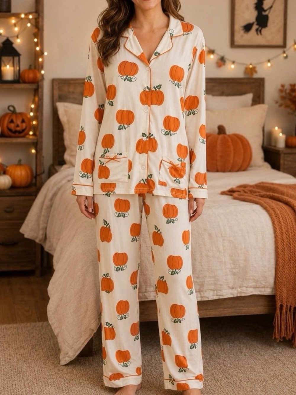 Tahari Pumpkin Print Cream Pajama Set M and L
